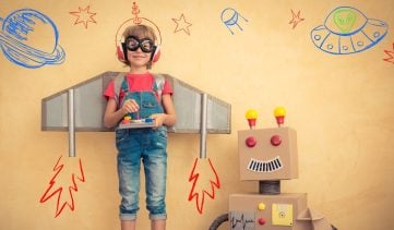 Happy,Kid,Playing,With,Toy,Robot,At,Home.,Innovation,Technology