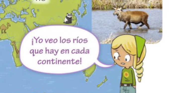 Niña viendo un mapa de rios y océanos